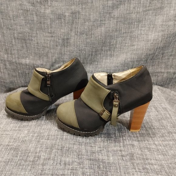 Stylish Used Olive Green/Black Heeled Ankle Booties - Picture 2 of 6